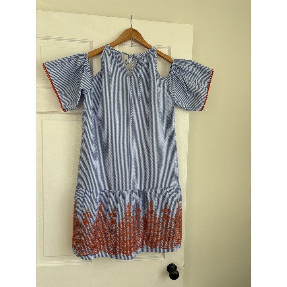 Blue White Striped Cold Shoulder Dress Orange Embroidery Pom Pom Trim Shift